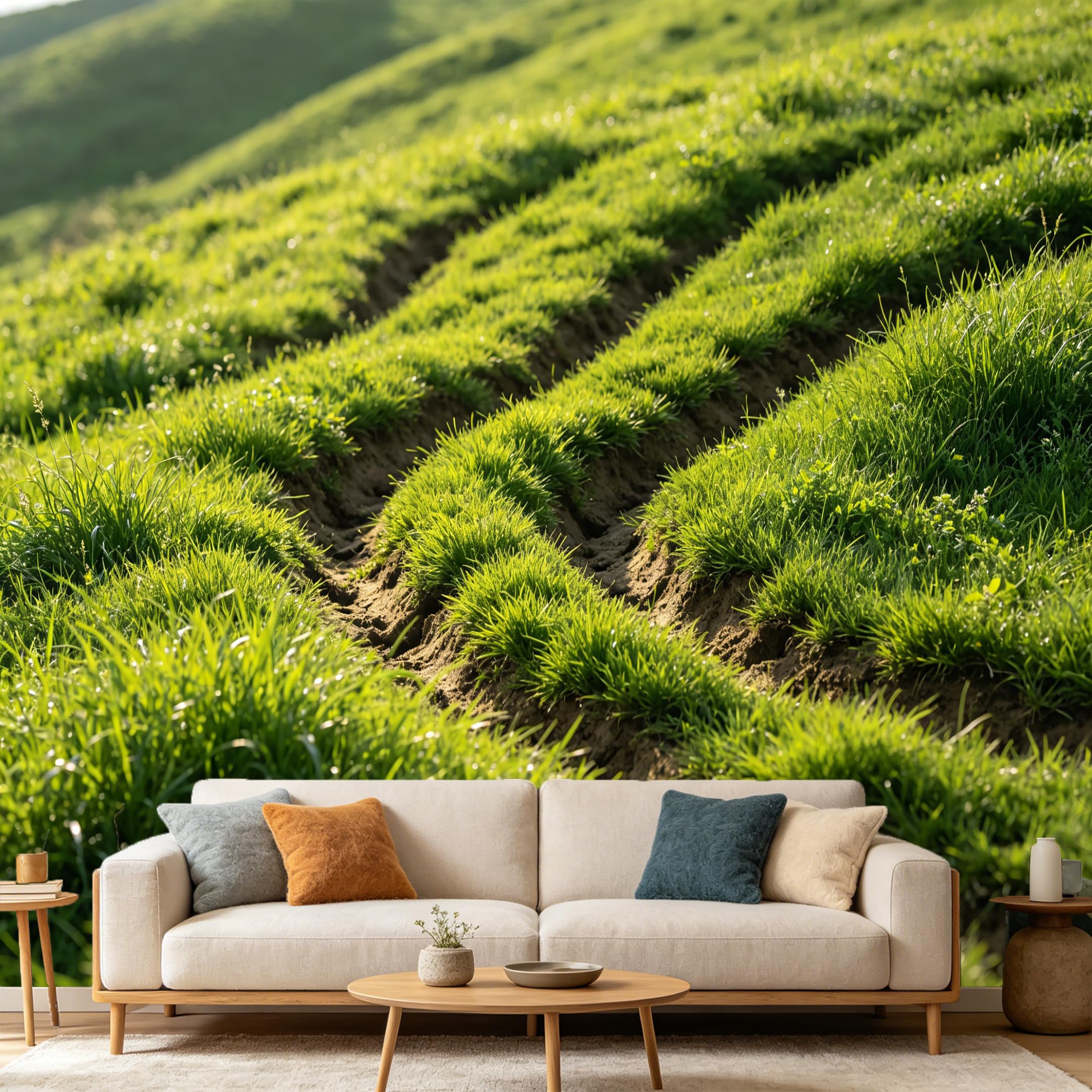 Custom Size Wall Mural Lush Green Meadow Hill Landscape Natural Sunlight Spring Field SelfAdhesive Art Prints wall Fabric（No PVC） Removable Wallpaper Home Bedroom Decor