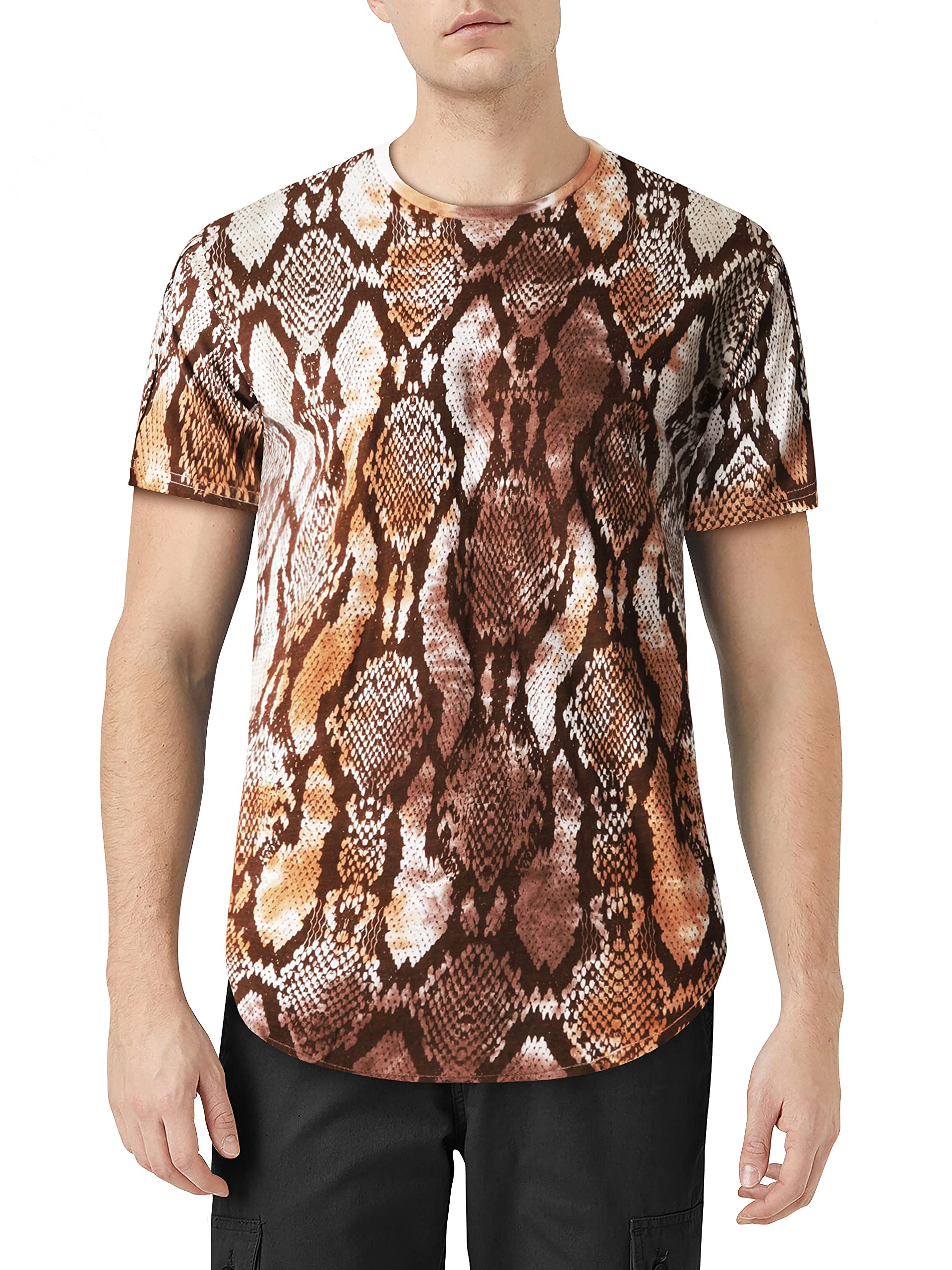 Hat and Beyond Mens Lightweight Hipster Yoga Dance Round Hemline Snakeskin Print T Shirt