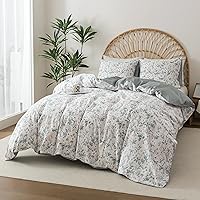Vista 2 de HoneiLife Juego de funda de edredón floral 100% algodón, 3 piezas, suave, ropa de cama botánica con cierre de cremallera y lazos en las esquinas