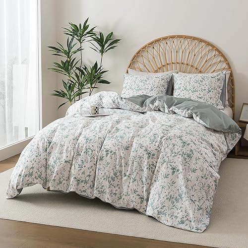 Miniatura 2 de HoneiLife Juego de funda de edredón floral 100% algodón, 3 piezas, suave, ropa de cama botánica con cierre de cremallera y lazos en las esquinas,