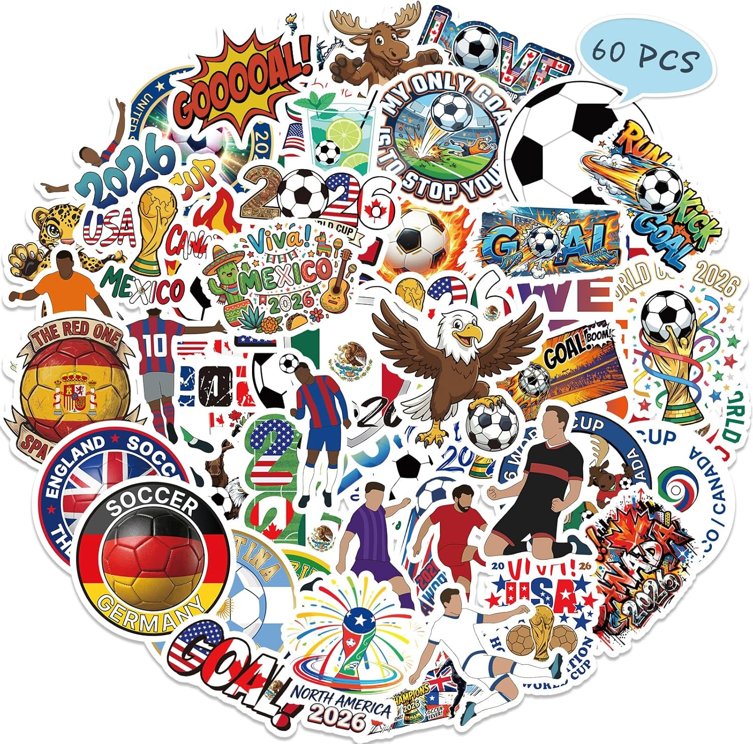 WUSUTE 60 Pack 2026 World Soccer Cup Stickers for Fans, Unique Multi-Nation Designs incl. USA Mexico Canada, Waterproof Vinyl Decals for Water Bottles, Laptops, Scrapbook, Phone Case : Electronics