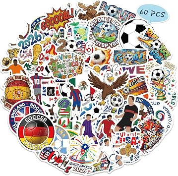 60 Pack Soccer Cup Stickers for Fans, Unique Multi-Nation Designs incl. USA Mexico Canada, Waterproof Vinyl Decals for Water Bottles, Laptops, Scrapbook, Phone Case