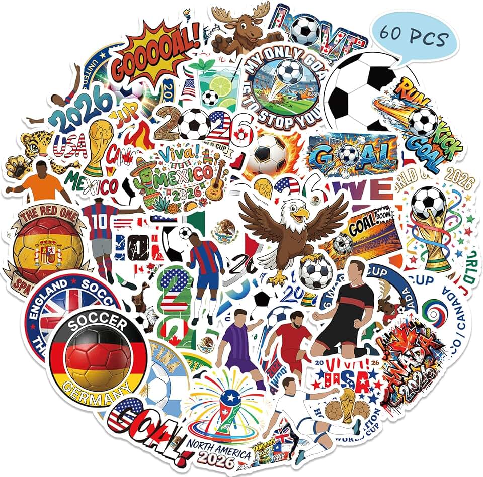 Pacote com 60 adesivos da Copa do Mundo 2026 para fãs, designs exclusivos de várias nações, incluindo EUA, México, Canadá, decalques de vinil à prova d'água para garrafas de água, laptops