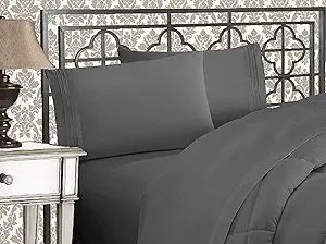 Elegant Comfort Luxurious 1500 Premium Hotel Quality Microfiber Three Line Embroidered Softest 4-Piece Bed Sheet Set, Wrinkle and Fade Resistant, King, Gray