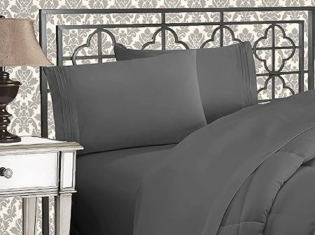 Elegant Comfort Luxurious 1500 Premium Hotel Quality Microfiber Three Line Embroidered Softest 4-Piece Bed Sheet Set, Wrinkle and Fade Resistant, King, Gray