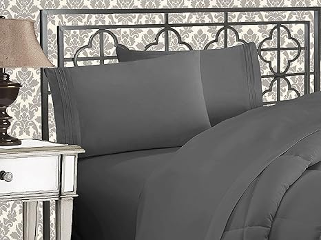 Elegant Comfort Luxurious 1500 Premium Hotel Quality Microfiber Three Line Embroidered Softest 4-Piece Bed Sheet Set, Wrinkle and Fade Resistant, King, Gray