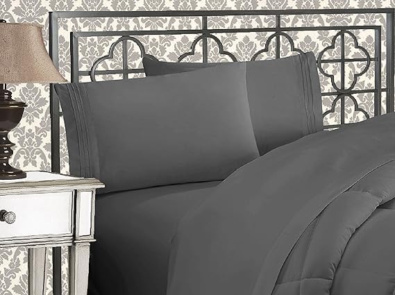 Elegant Comfort Luxurious 1500 Premium Hotel Quality Microfiber Three Line Embroidered Softest 4-Piece Bed Sheet Set, Wrinkle and Fade Resistant, King, Gray