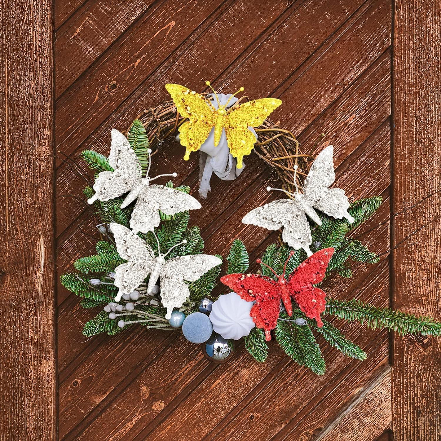 Butterfly Ornaments for Christmas Tree Christmas Butterfly Ornament with Clip Glitter Butterfly Decorations Party Christmas Butterfly Decorative for Wedding Home Wreath 6pcs(Silver)