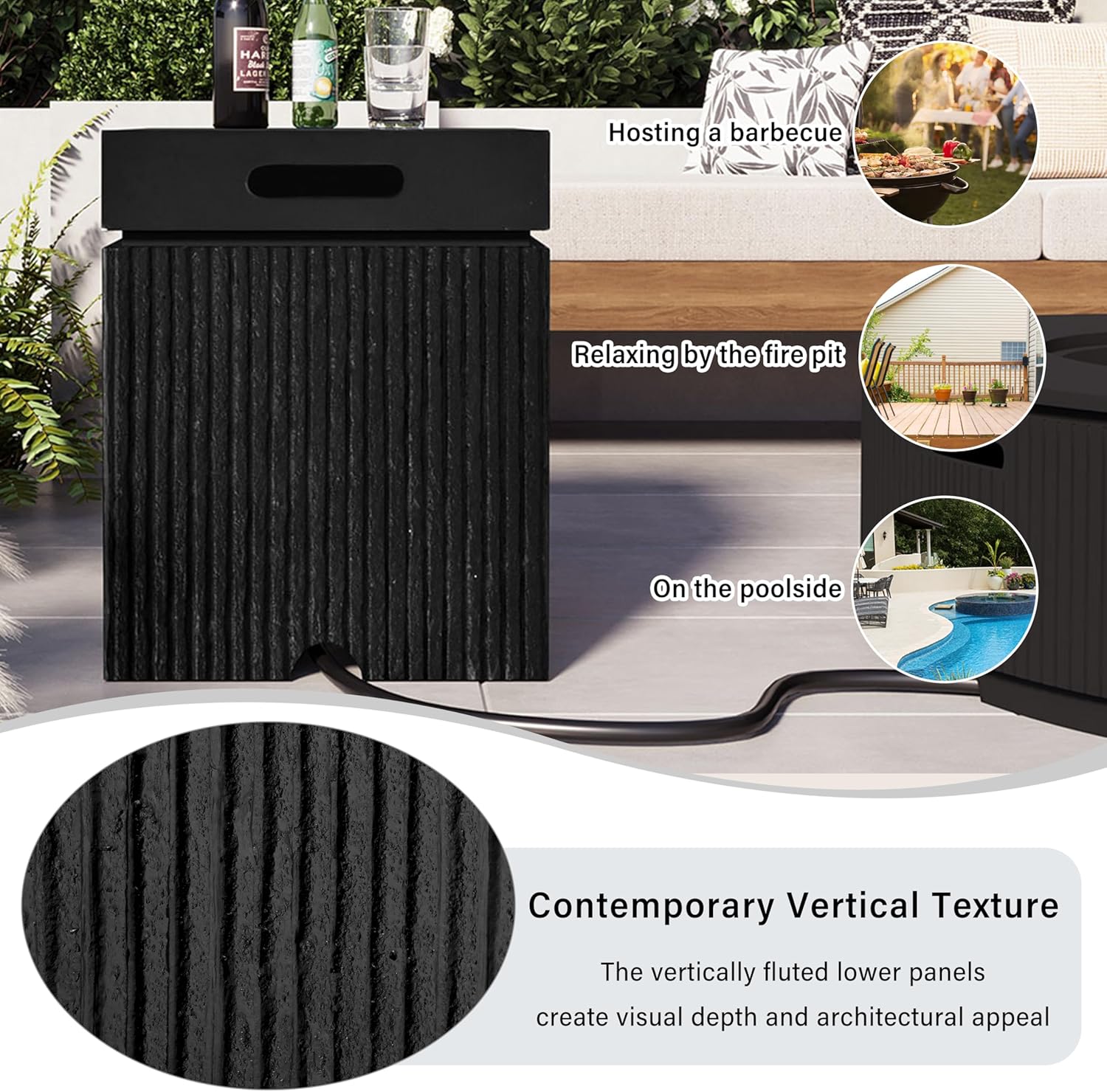 Polibi Outdoor Propane Tank Cover with Square Side Table & Fluted Texture, 100lb Capacity Weather-Resistant Enclosure for Standard 20 lb Tanks, Black