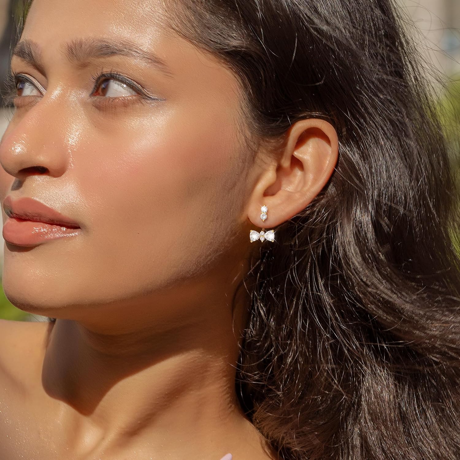 Risamil 14K Gold Plated Earrings for Women Trendy Ear Jacket Post Hanging Back Studs Adjustable Holes Dainty Lightweight Cubic Zirconia | Bow | Chain | Heart Dangle Jewelry Gifts - Image 7