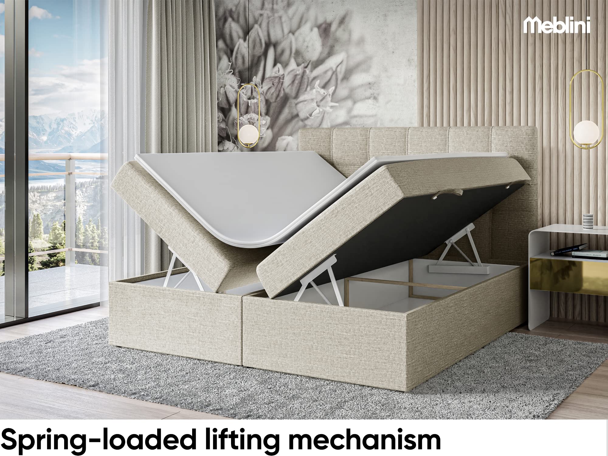 MEBLINI Boxspringbett mit Bettkasten - 180x200 - Gepolstert Doppelbett mit Matratze und Topper - Polsterbett mit Stauraum - Bett mit Kopfteil - Stauraumbett - NILS - H3/Beige Webstoff