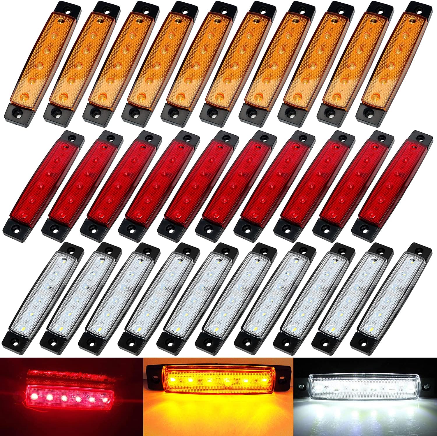 KEING (Pack of 30) 3.8 inch Sealed Waterproof Amber/Red/White 6 LED Marker Indicators Clearance Lamps 12V DC for Marine Boat Truck Trailer Bus Pickup ATV RV Cab Lorry Camper, 5 Years Warranty