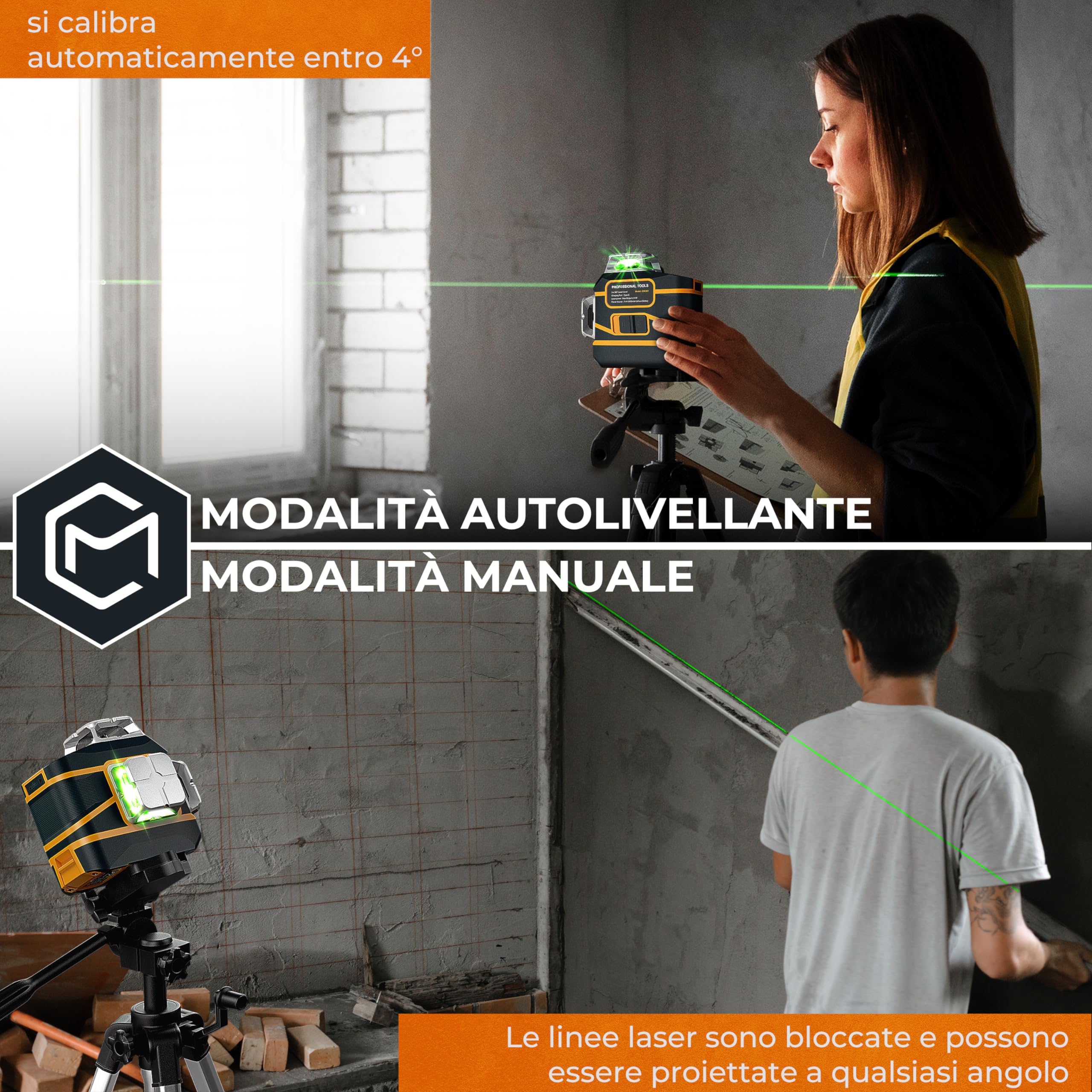 CIGMAN Livella Laser Autolivellante 3x360°,Supporto Magnetico e Rotante | 2 x Batteria Incorporata dello Li-ione, per Costruzioni e Immagini con Modalità a Impulsi