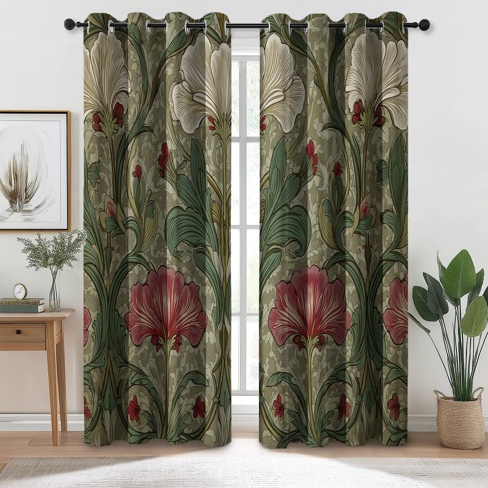 Rideaux Occultants William Morris Rétro Fleurs - Anti Chaleur Rideaux à œillets pour Chambre à Coucher, 2 Panneaux Isolation Thermique Rideau de Fenêtre pour Salon 70 L x 160 H cm, Vert Foncé
