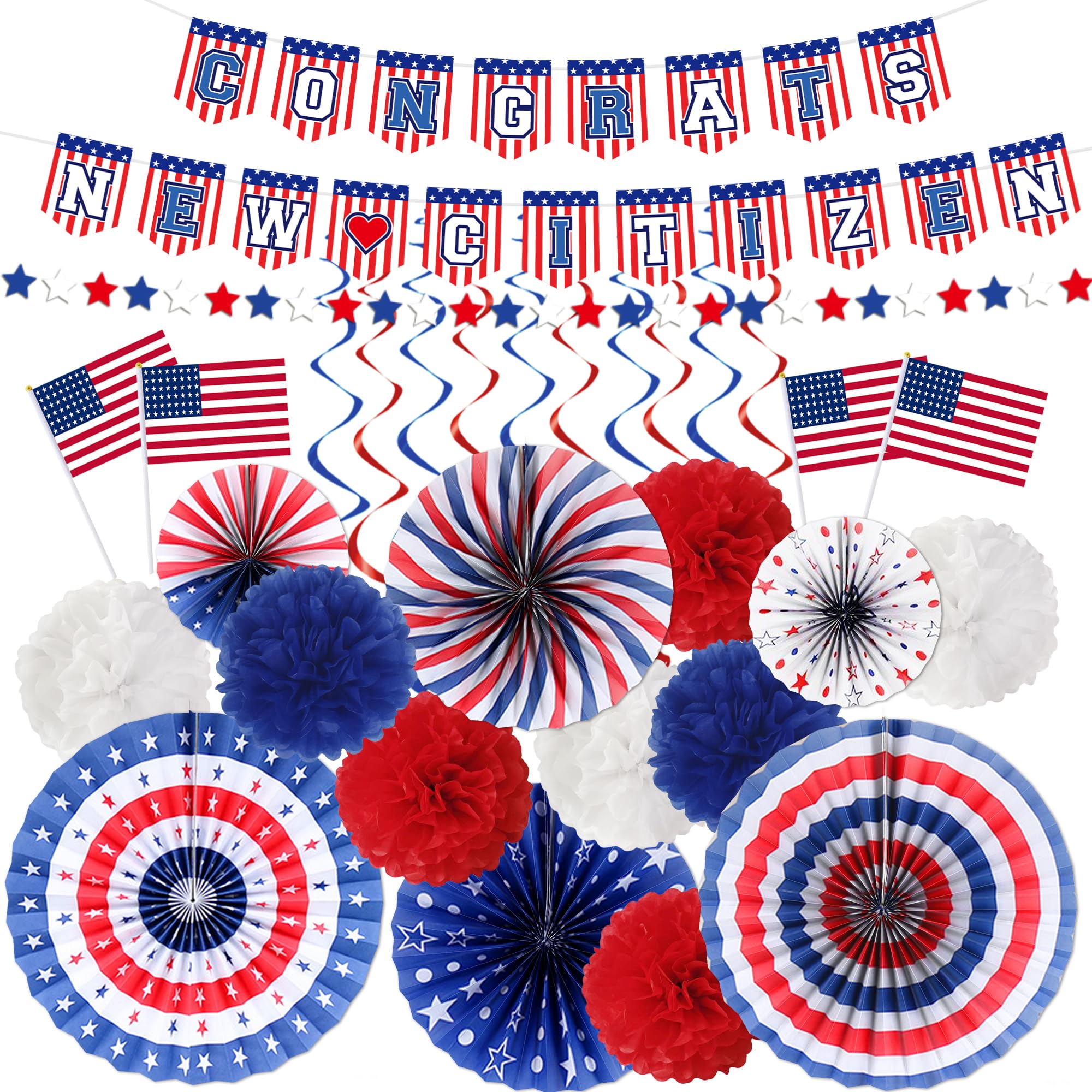 Us Citizenship Party Decorations - 31 Pcs Concrats New Citizen Banner Garland Hanging Swirls Paper Fans Pom Poms Americal Flags Decor Set Oath Ceremonies Patriotic Gift Ideas Supplies