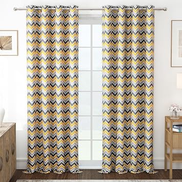 Semi Long Door Curtains 8 Feet Long Pack of 2 | Chevron Printed | Medium Room Darkening Curtain | Curtains for Living Room | (118 x 242 cm, Yellow & Grey) | Perfect for Home Décor