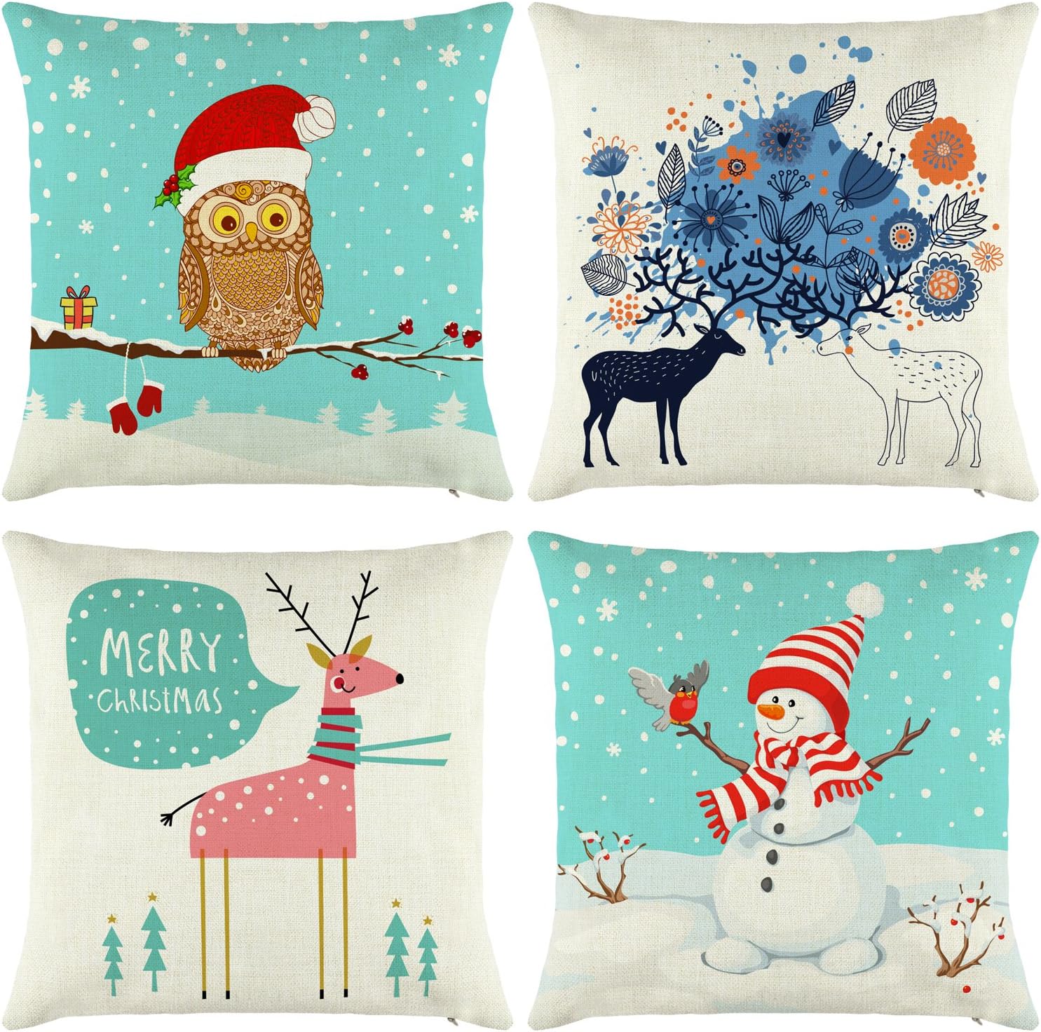 Elyhome Christmas Pillow Covers 18x18 Decorative Square Cushion Throw Pillowcase Set of 4 Cotton Linen Blend Owl Reindeer Snowman Robin