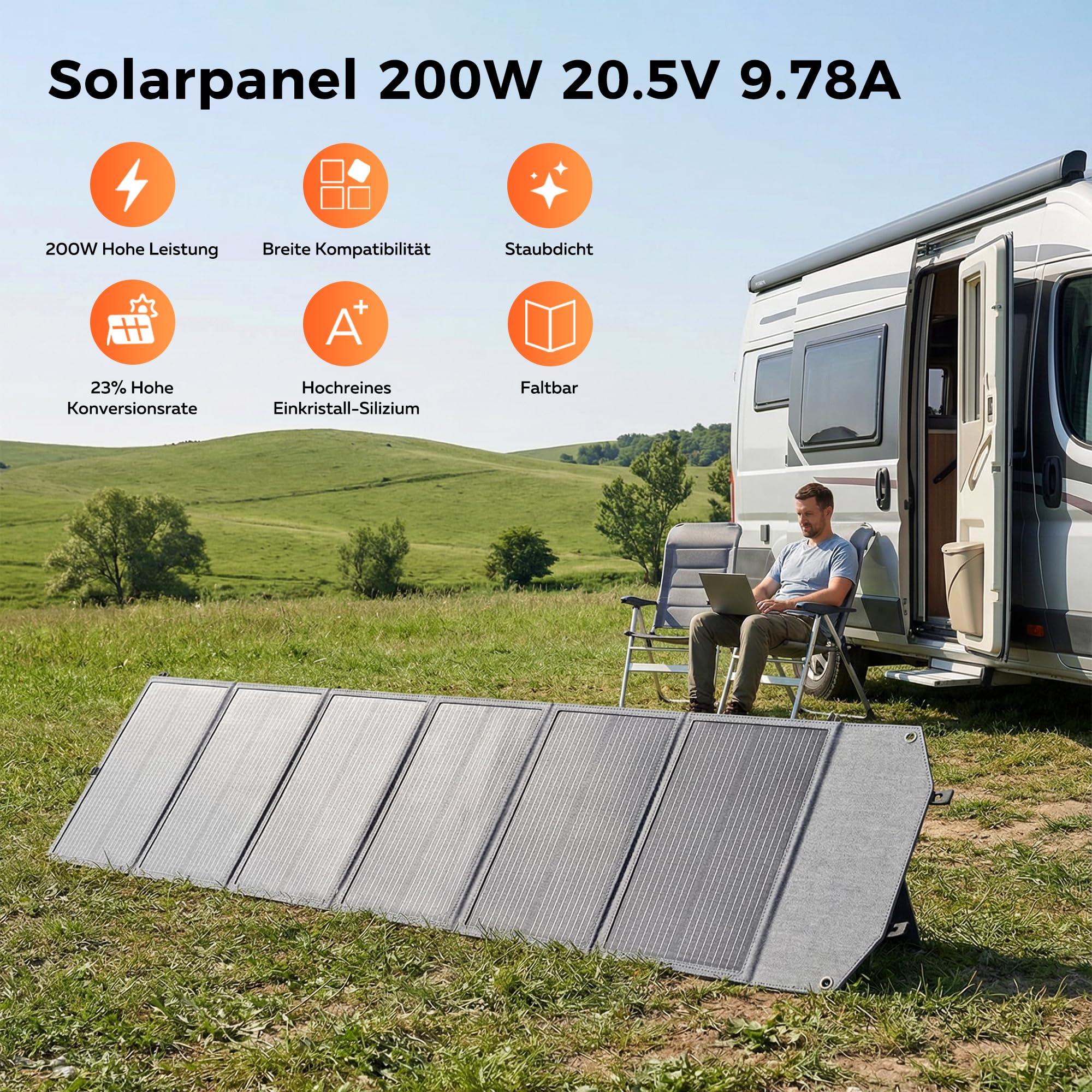 Składany panel słoneczny 200 W do stacji zasilania, przenośny moduł solarny z 10 przyłączami, sprawność 23,5% i wodoszczelna, kompatybilny ze stacjami zasilania na kemping, do kampera, ogrodu