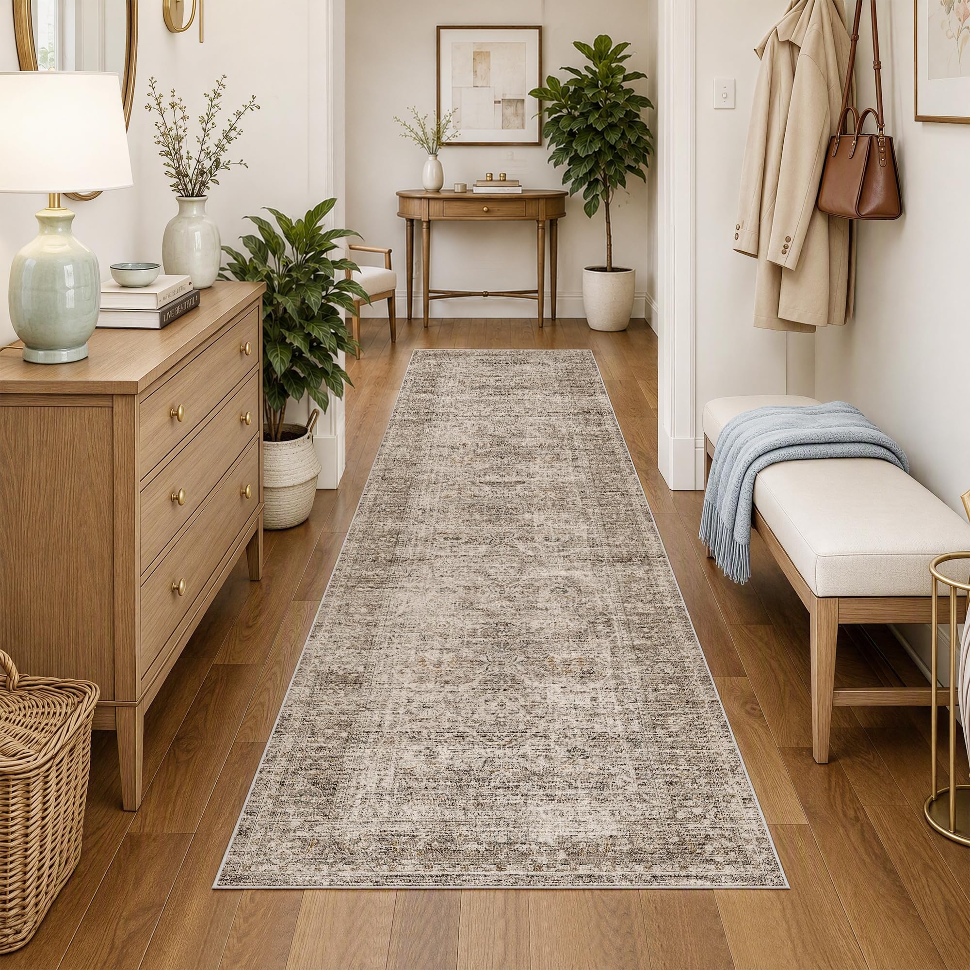 FMFUNCTEX 2x8 Hallway Runner Rug Washable Taupe Vintage Distressed Indoor