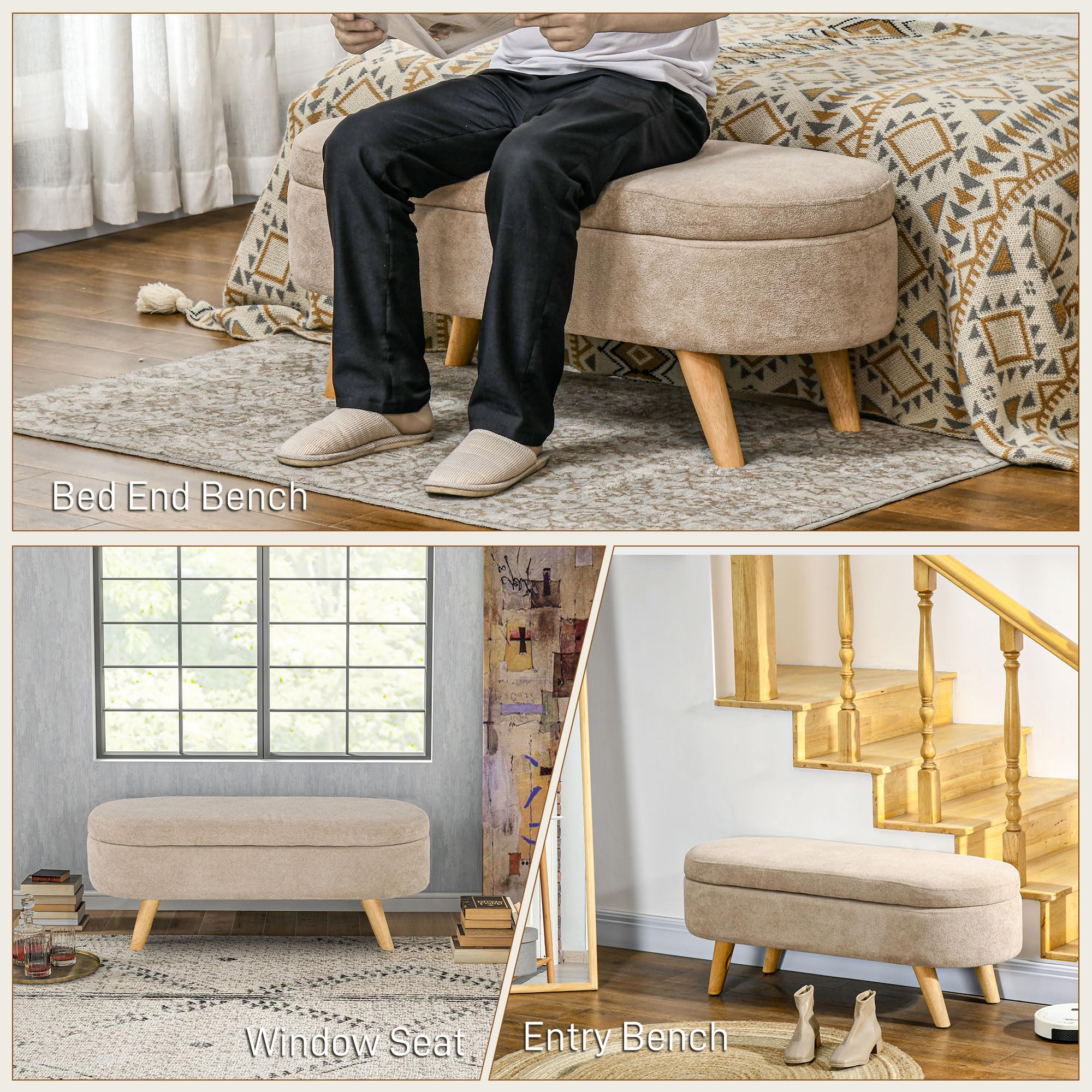 HOMCOM Panca Contenitore Camera da Letto con Spazio Portaoggetti a Scomparsa, Panca Imbottita con Gambe in Legno e Poliestere per Ingresso e Soggiorno, 110x40x43 cm, Beige