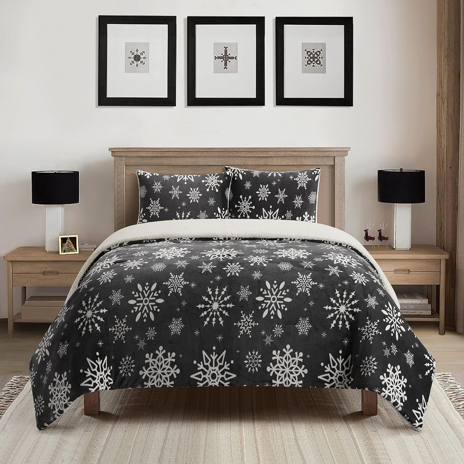 Grand Avenue Flannel Ultra Soft Christmas Sherpa Comforter Sets, 3 Pieces King Size Bed Set, Multi-Color Warm Down Alternative Comforter with Shams