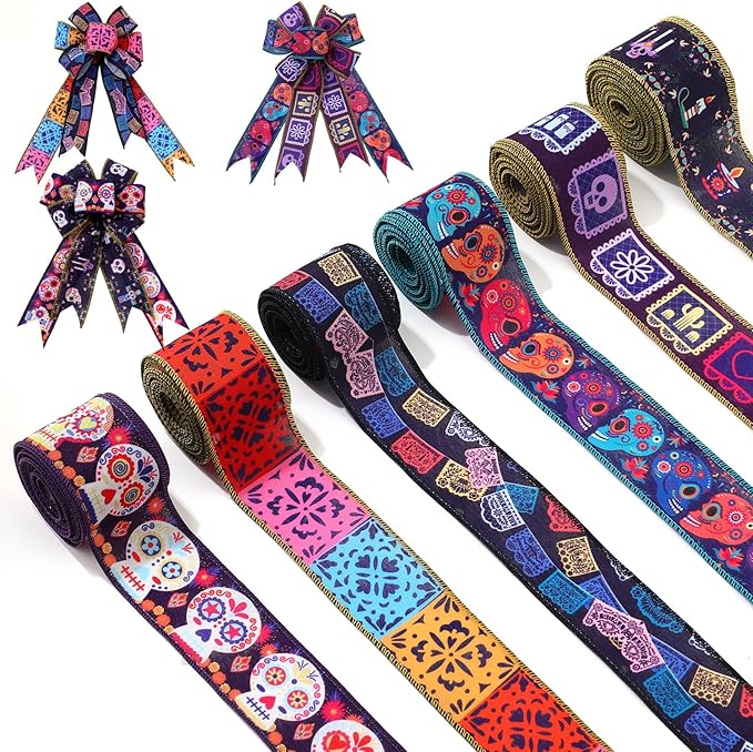 6 Rolls 30 Yards Days of The Dead Ribbons 2'' Mexican Dia De Los Meurtos Ribbon Wired Edge Sugar Skull Papel Picado Skeleton for Wreath Bows DIY Craft Gift Wrapping Halloween Mexican Party Supplies