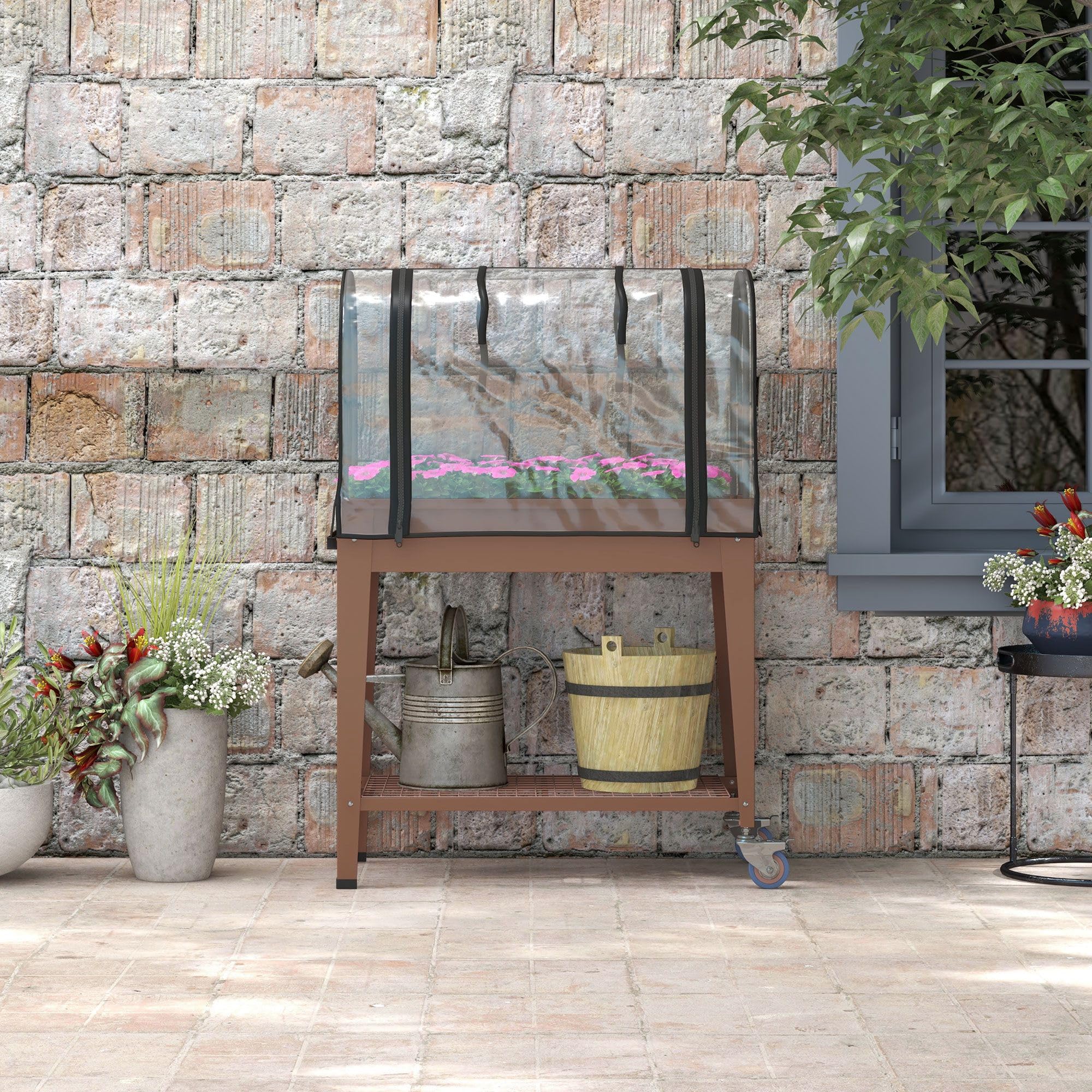 Outsunny Huerto Urbano Elevado con Ruedas, Mesa de Cultivo con Cubierta PVC de Invernadero y Estante Inferior para Cultivo, Plantas, Flores y Verduras, 80x40x120 cm, Marrón