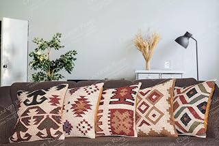 Chouhan Rugs Set of 5 Handmade Vintage Jute Throw Pillow Covers - Indian Crafted Bohemian Cushion Covers