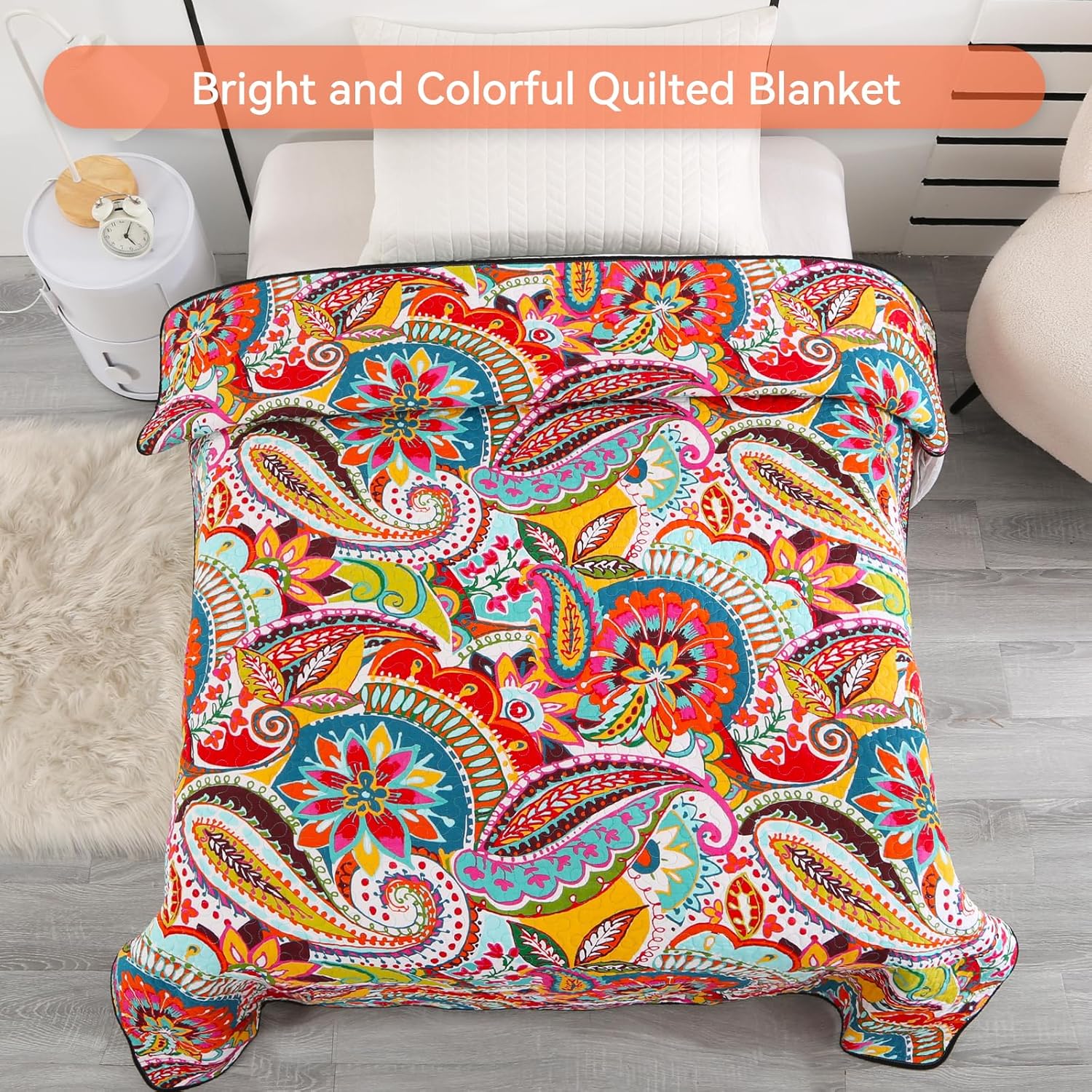 Qucover Cotton Quilted Throw Blanket, Soft Boho Quilt 59"x79", Bright Colorful Red, Orange, Pink and Blue Reversible Paisley Lightweight Quilts for Couch Sofa Beds - Image 5