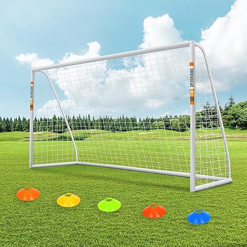 ORIENGEAR Soccer Goal, 12x6/10x6.5/8x6/6x4 Full Size Soccer Goals for Backyard, Soccer Net with Training Discs, Portable Soccer Goal for Kids and