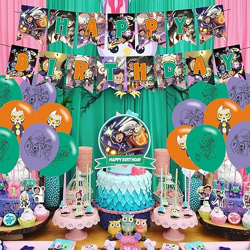 Miniatura 4 de Decoración de fiesta de cumpleaños de la casa del búho, juego de suministros de fiesta temática de dibujos animados con pancarta de feliz
