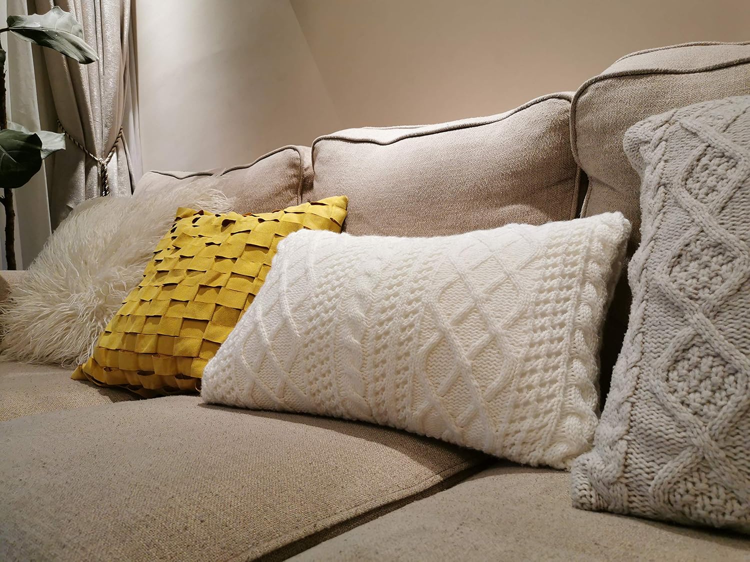 Lumbar Decorative Throw Pillow Cover Sweater Knit Rectangular Cushion Case for Couch, Chair, Bed and Home Accent Decor, 12 x 20 Inch / 30 x 50 cm Cream