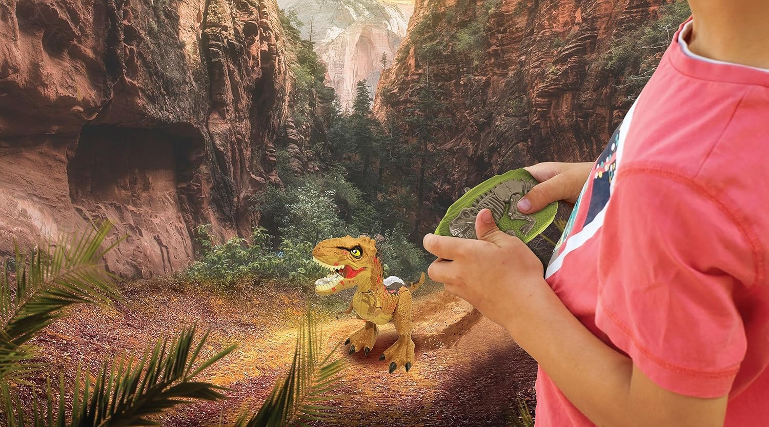 LEXiBOOK, RC Tyrannosaurus Control, Realistic Dinosaur, Articulated Movements, Roars, Smoke Spitting, Light Effects, Rechargeable, Fossil and Hand-held Remote Controls Included, DINO02