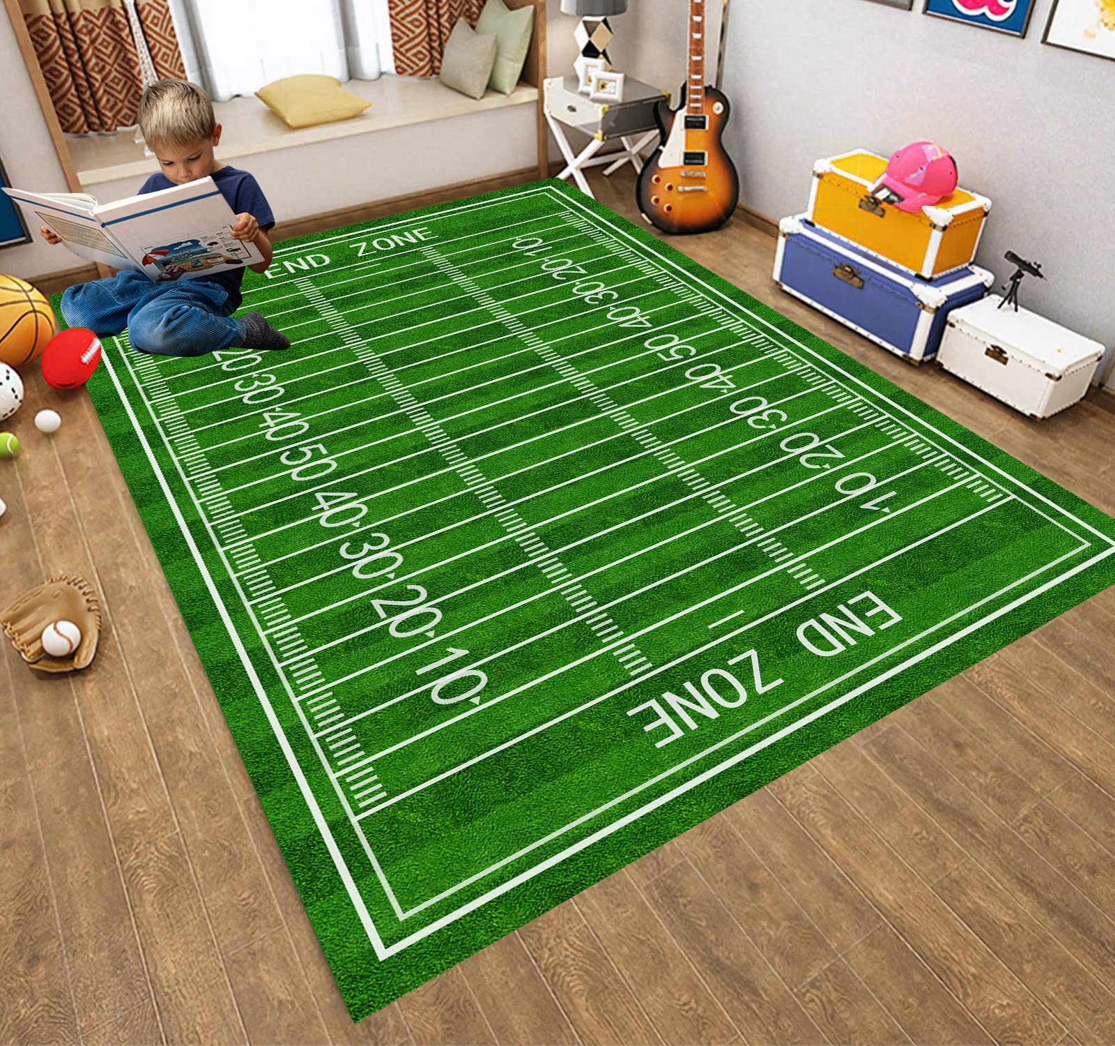 Sportbereich-Teppich American-Football-Rugby-Teppich Kinderteppich Fußball-Teppich Spielmatte mit Gummi-RückseiteTeppich rutschfest für Kinderzimmer Kinderzimmer-Teppich rutschfest（M，79X114''）