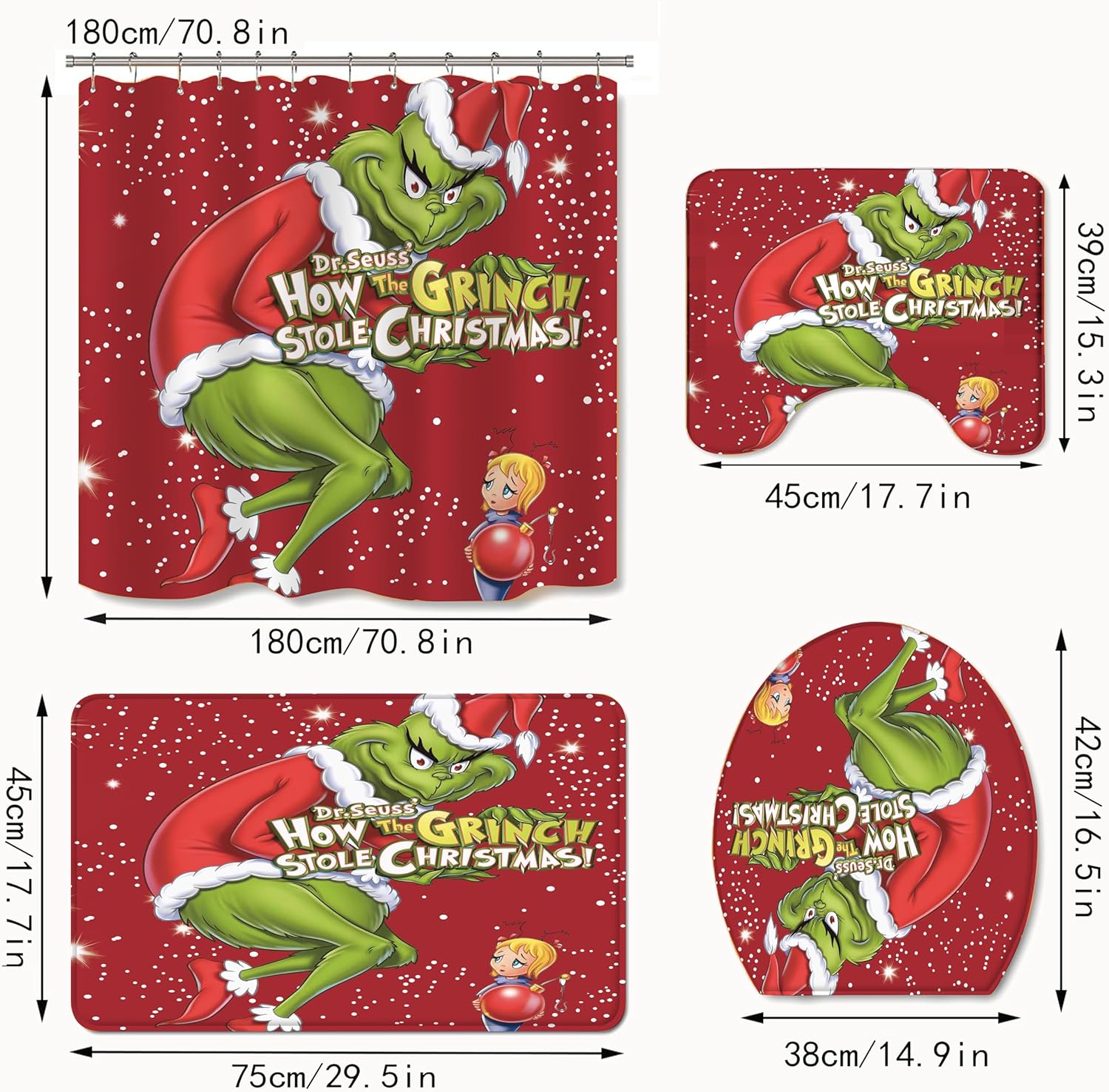 4-Piece Non-Slip Shower Curtain Set: Waterproof Polyester Fabric Bathroom Curtain (72x72 inches) with Rugs, Toilet Lid Cover, Bath Mat, and 12 Hooks