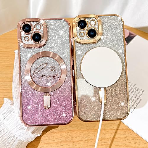 Vista 116 de Fiyart - Funda transparente magnética con purpurina para iPhone 12 para mujeres, con grabado "Love" metálico, protección para cámara y antigolpes