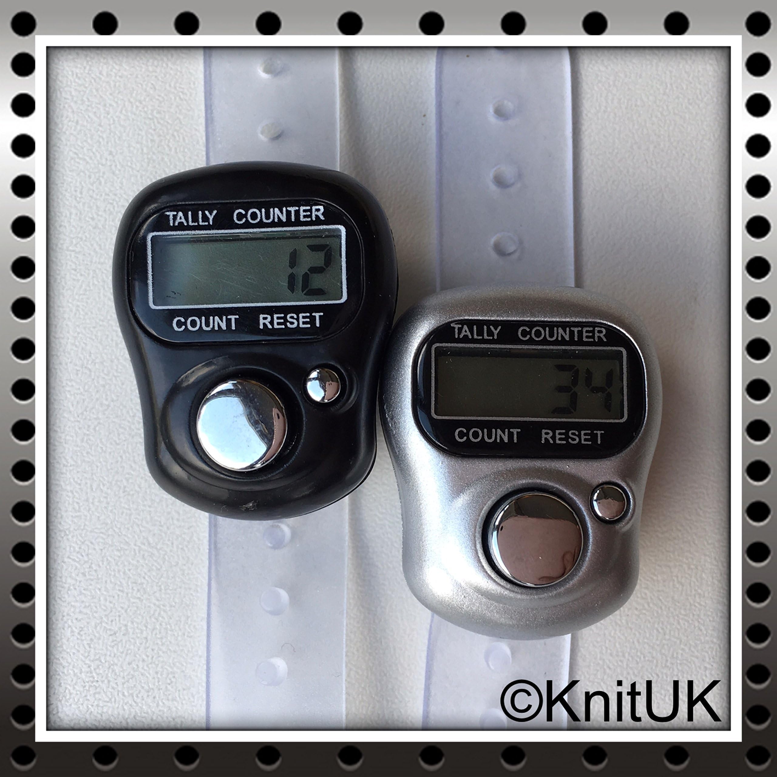 KnitUK Tally Counter - LCD (Finger-Held). Pack of 2. Black & Silver Digital Knitting Row Counters