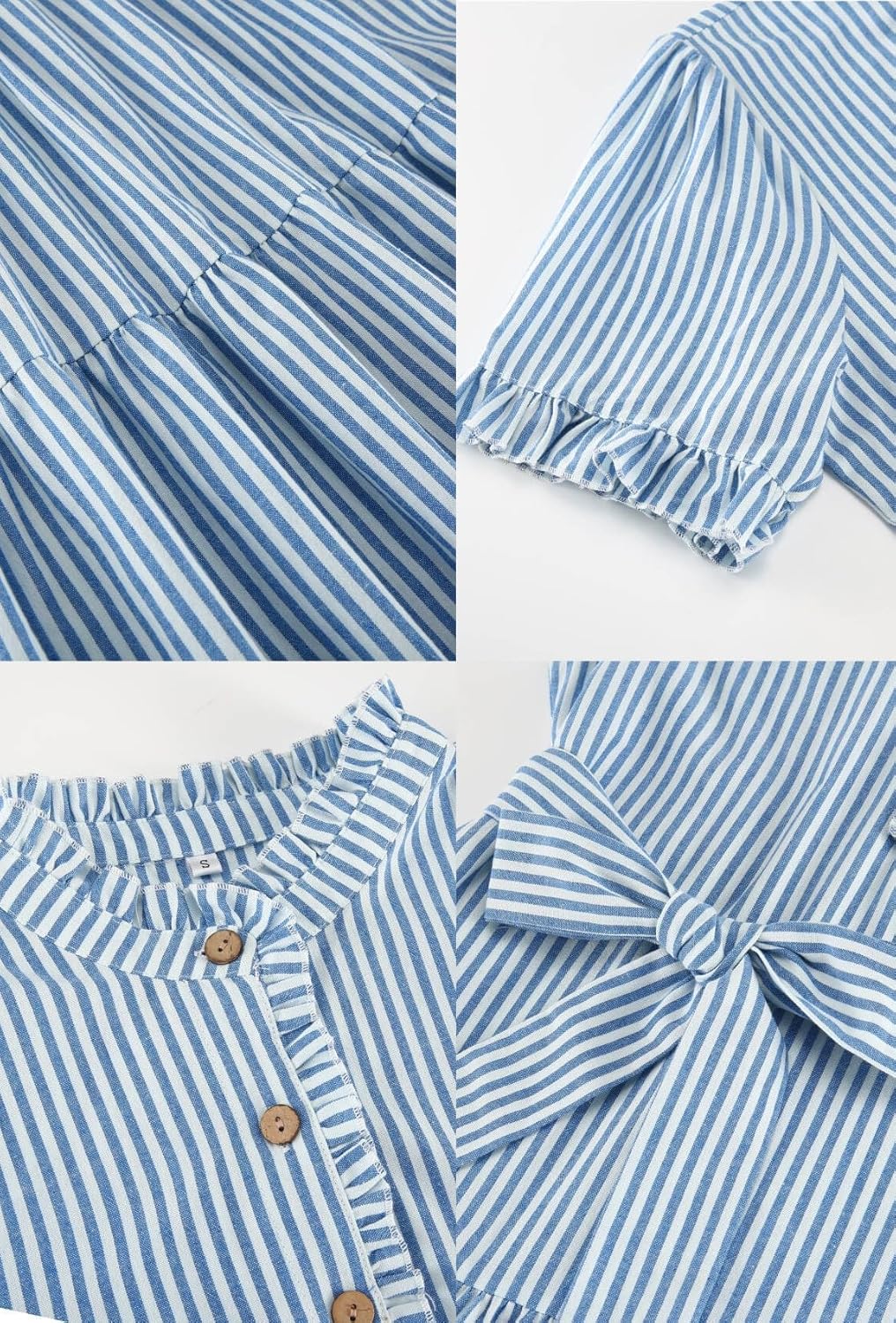 Womens Striped Summer Dress Elegant Ruffled Sleeve Button Down Tie Waist Maxi Shirt Dresses - Image 5