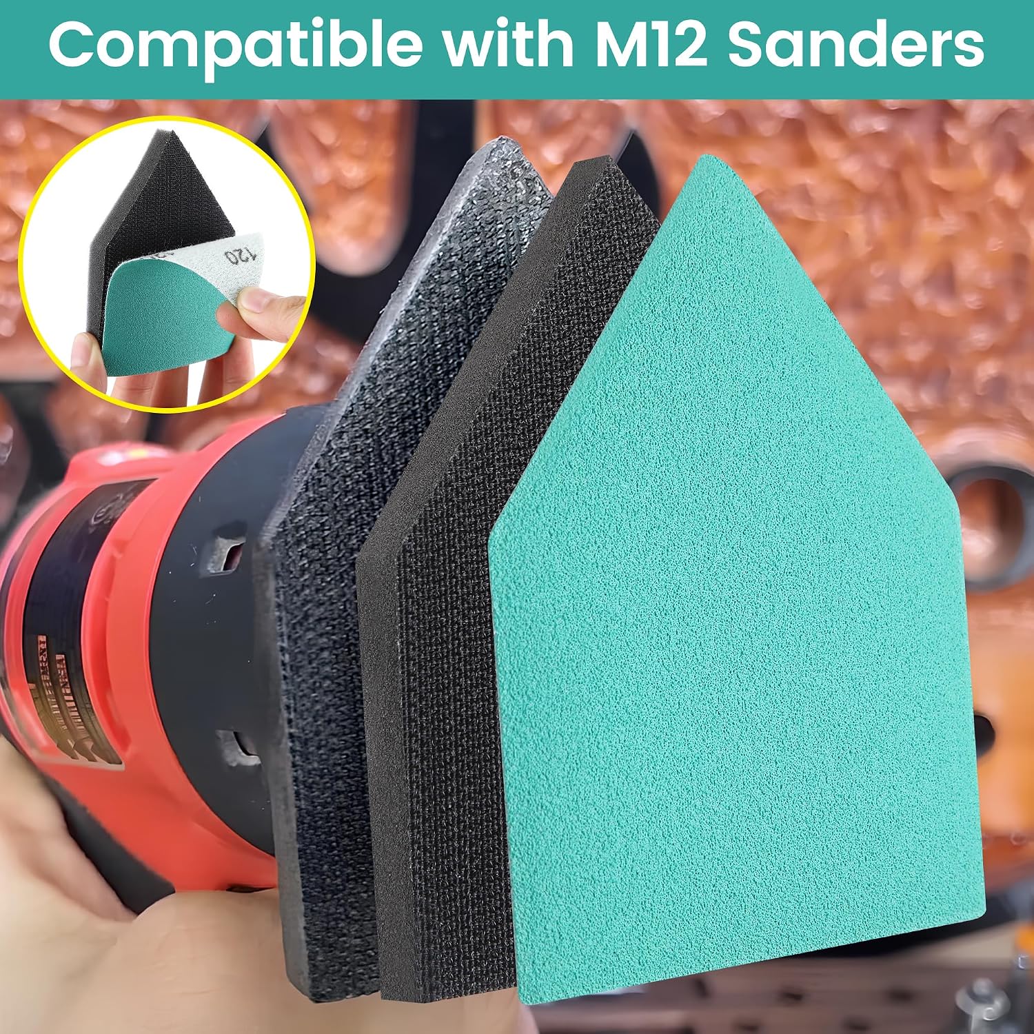 80PCS Detail Sander Sandpaper and 2 Sanding Interface Pads Compatible with M12 Sanders, 80, 120, 150, 180, 240 Grit, 3.5 X 2.5in, Heavy Duty Hook & Loop Triangle Detail Sanding Paper