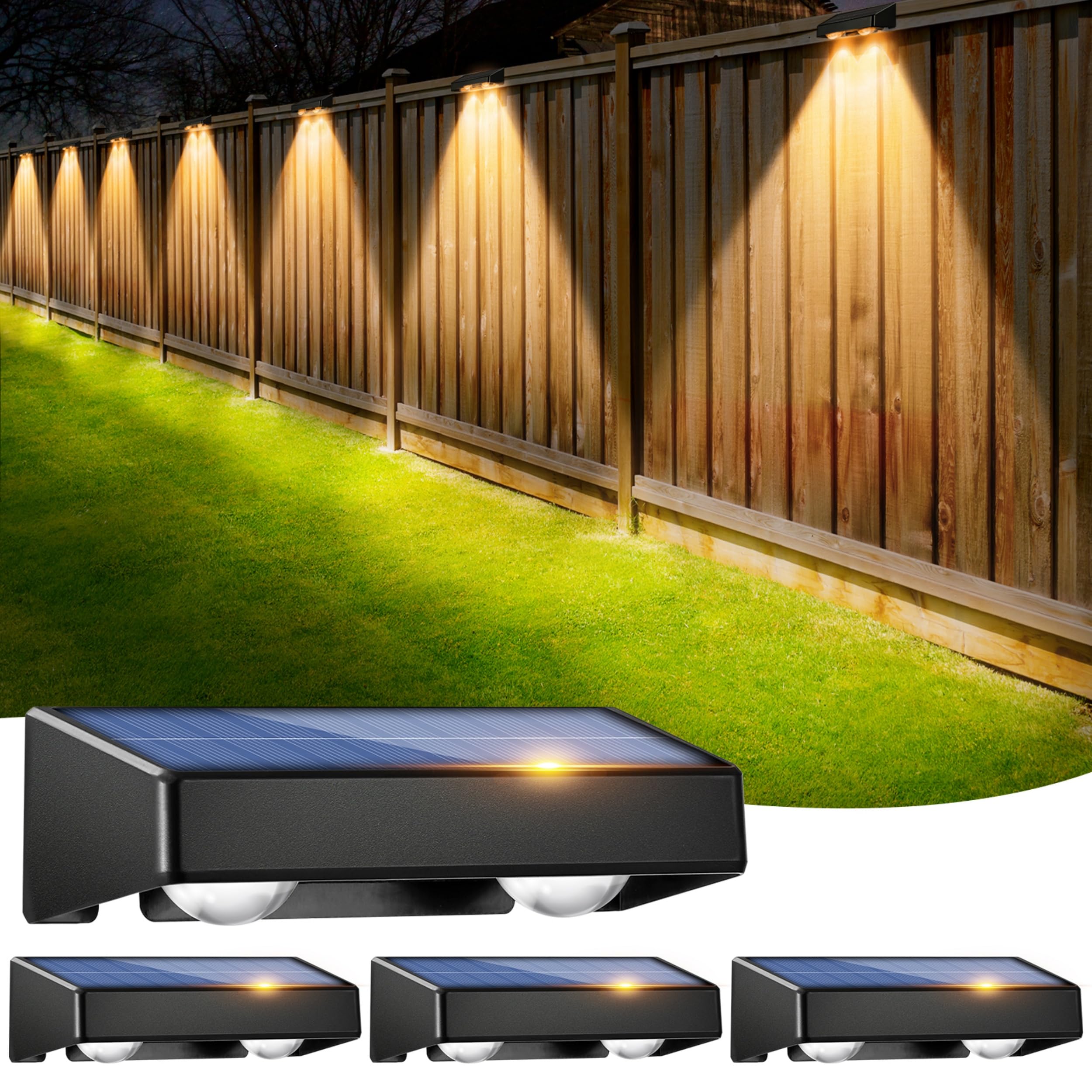 Solar Fence Lights,4 Pack Wall Solar Lights Outdoor Waterproof,9 Colors 11 Modes RGB Garden Fence Lights Solar Powered outsides Light for Outdoor Graden,Backyard,Patio,Pathway,Yard