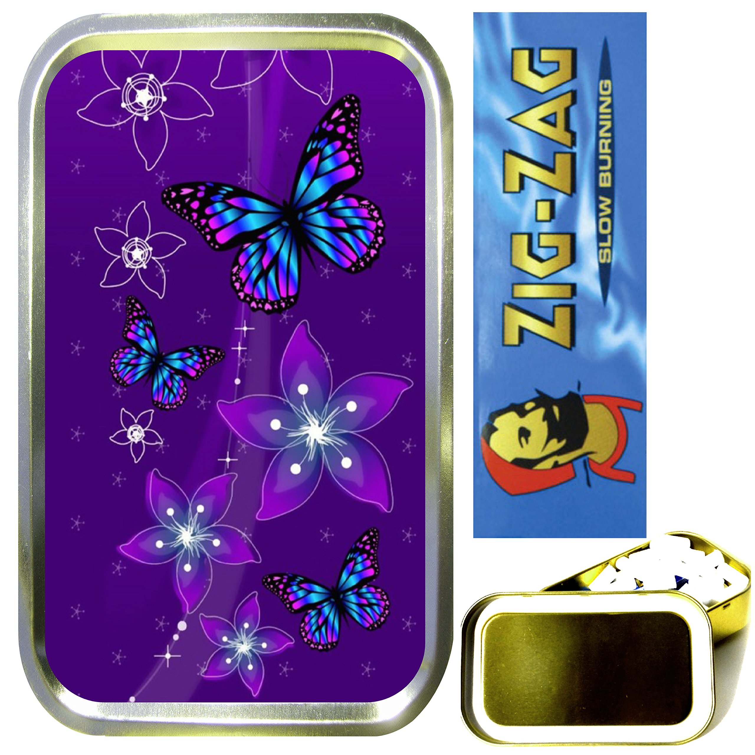 Teez Gold - Purple Butterflies Smoking Set, 1Oz Tobacco Tin,Cigarette Papers,Cigarette Filters,Cigarette Tips