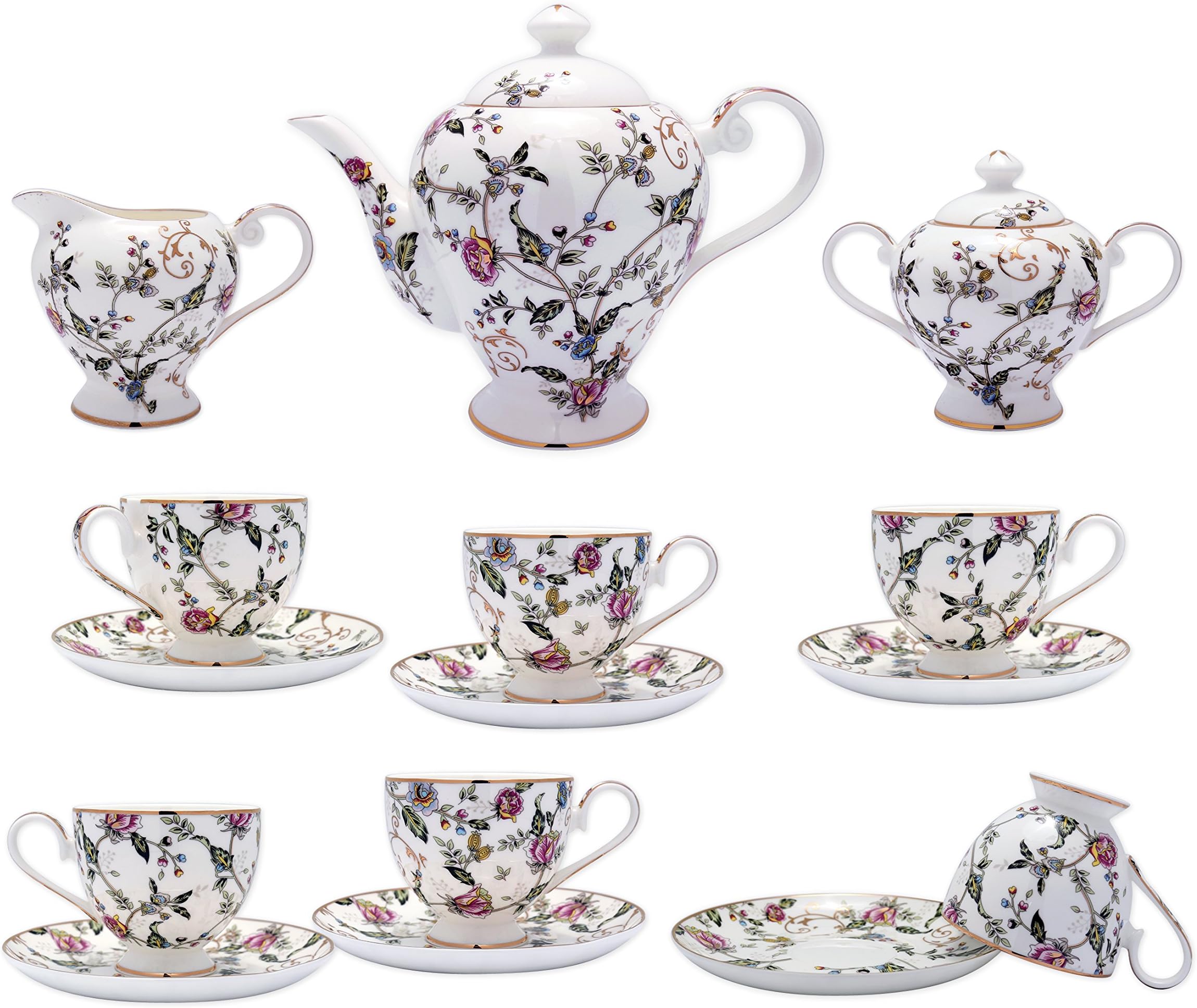 Fine Bone China 15 Piece Coffee Set High Capacity Elegant Floral and Leaf Motif