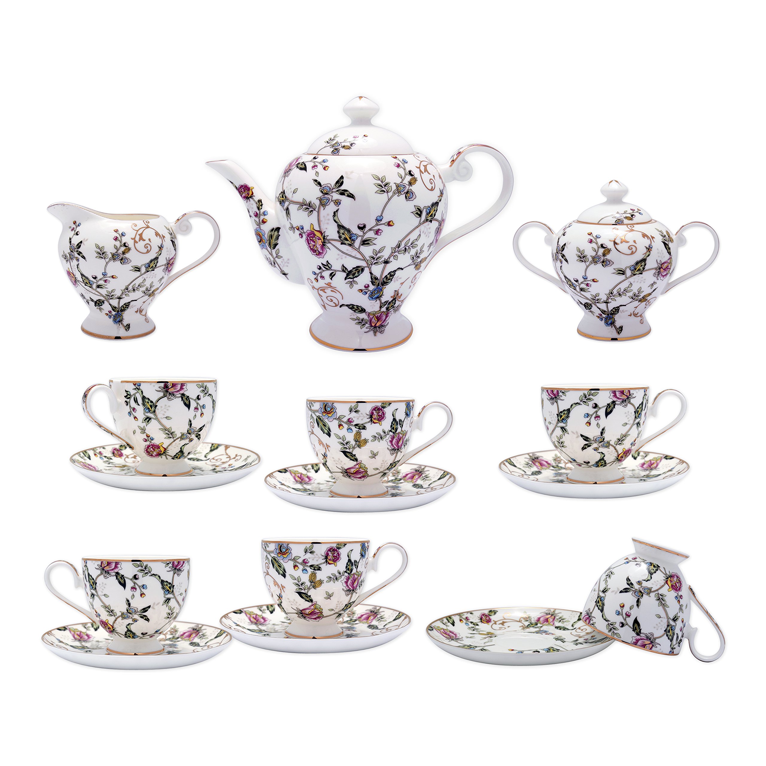Fine Bone China 15 Piece Coffee Set High Capacity Elegant Floral and Leaf Motif