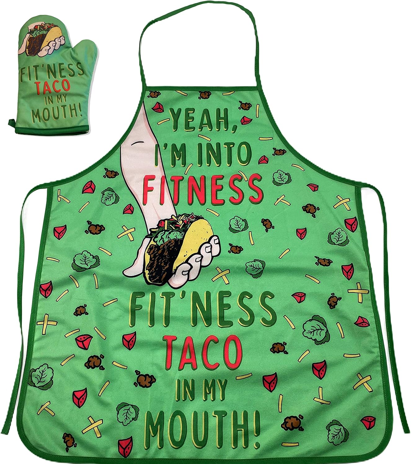 Crazy Dog T-Shirts Fitness Taco Funny Kitchen Apron and Oven Mitts Humorous Gym Graphic Novelty Cooking Accessories Funny Graphic Kitchenwear Cinco De Mayo Cool Food Green Oven Mitt + Apron
