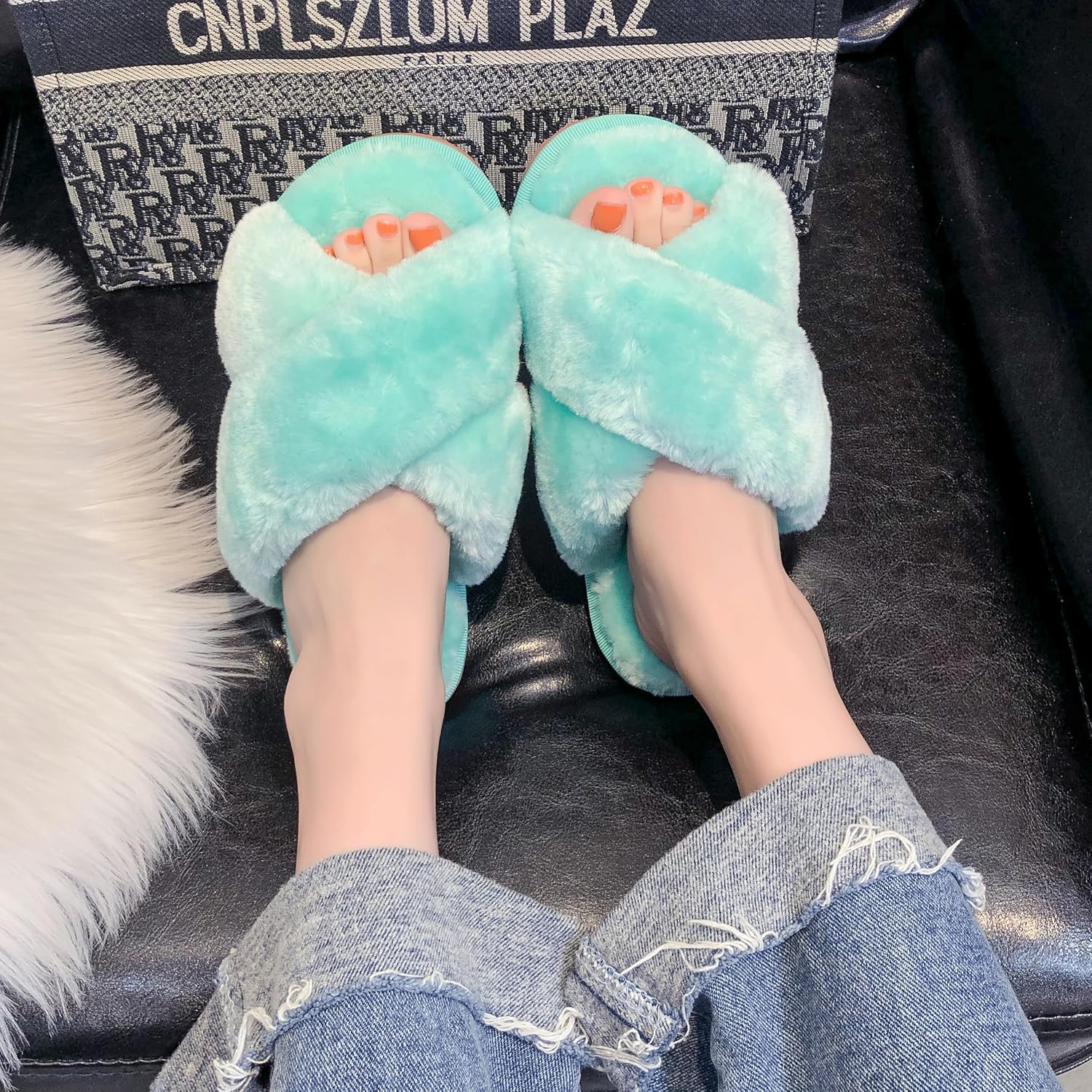 Crazy Lady Women's Fuzzy Fluffy House Slippers Cute Plush Memory Foam Shoes Cross Band Indoor Outdoor Open Toe Sandals - Image 2