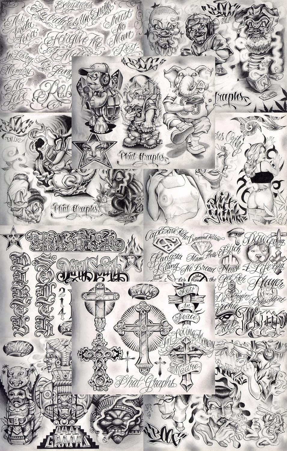 Boog From The Streets With Love Gangsta Style Tattoo Flash 10 Sheet Set 11x14" M, Great Tattoo Shop Investment For Display, Lowrider Artwork
