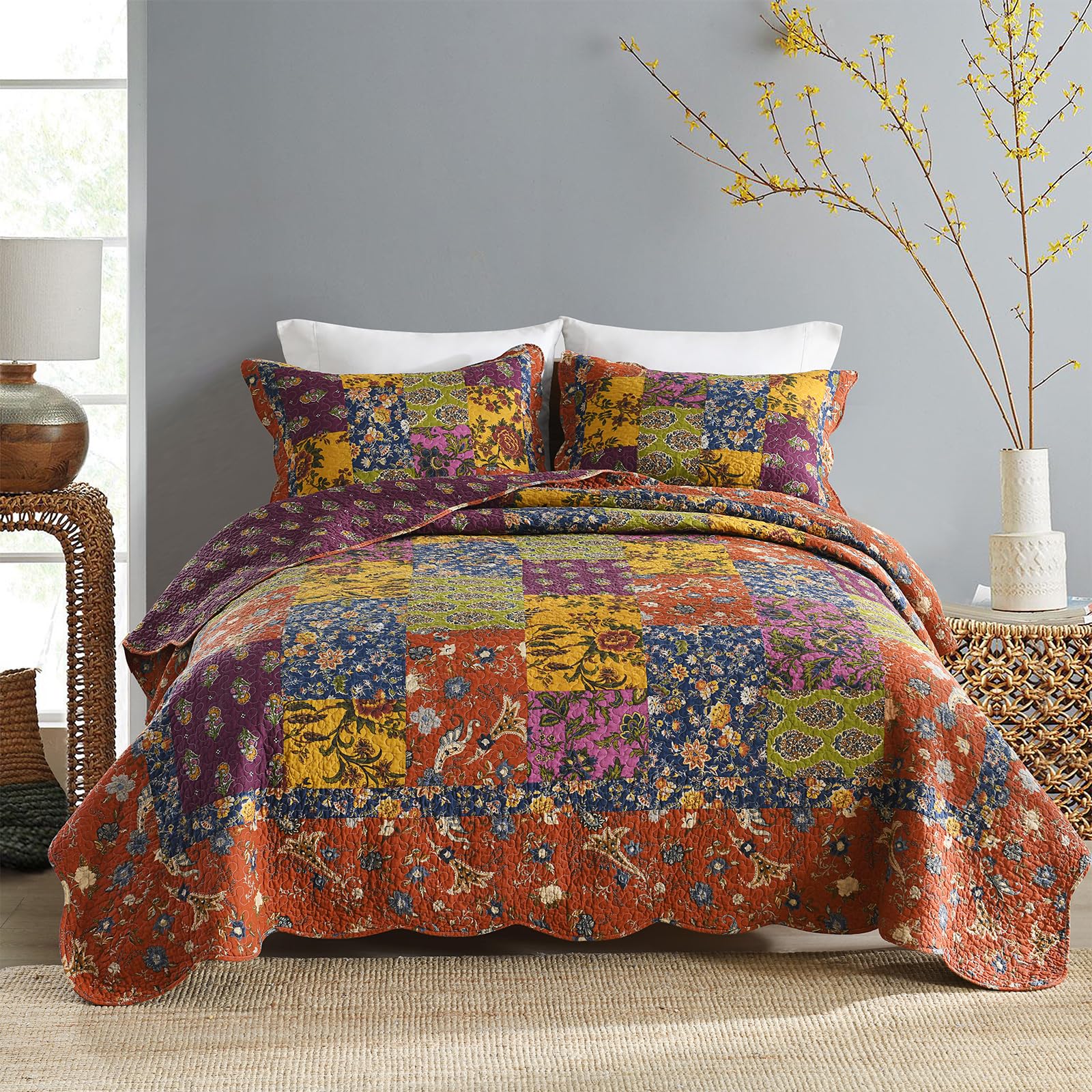 Yvooxny 3-Piece Quilt Sets King Size Reversible Quilted Bedspread Lightweight Floral Real Patchwork Cotton Coverlet Set Bedding Set with Pillowcases for All Seasons, Orange, 98x106 Inches