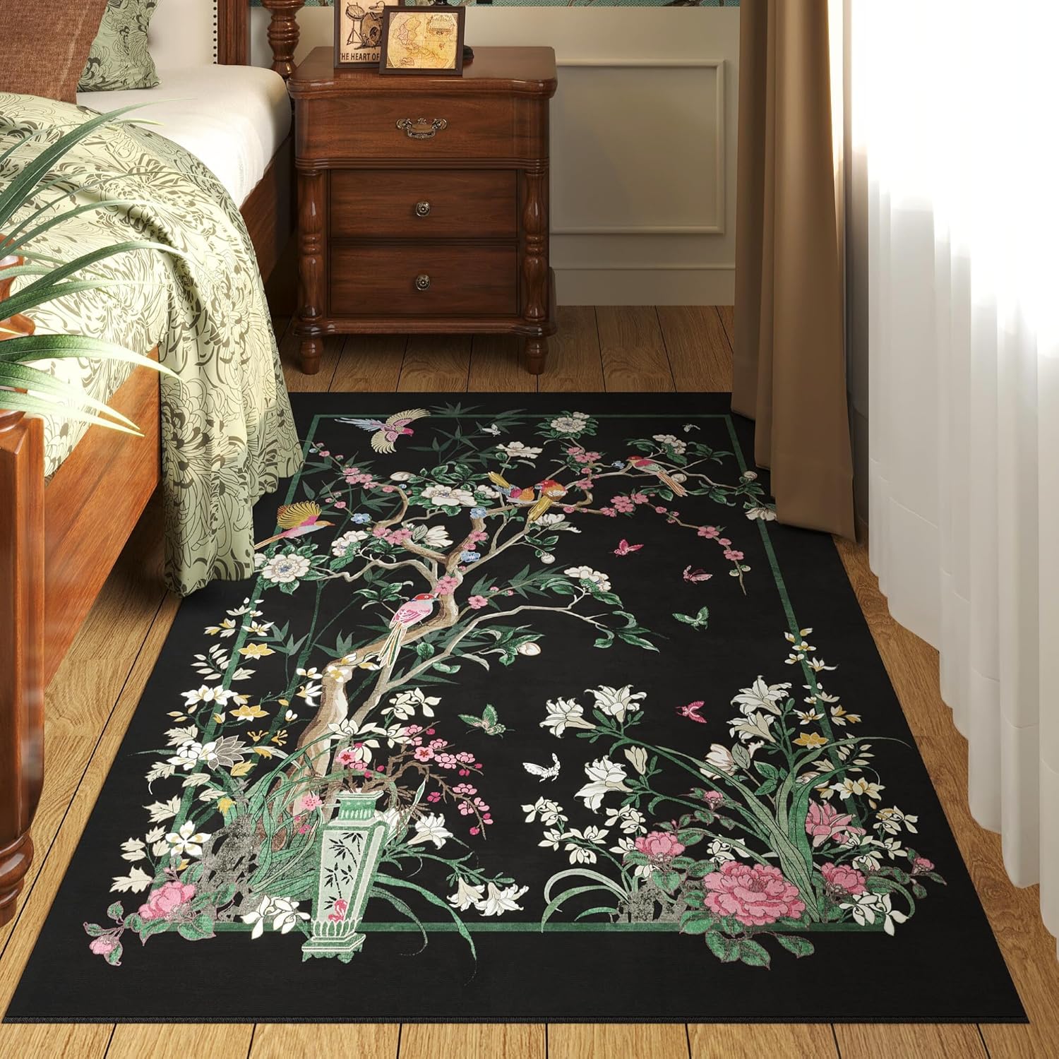 3x5 Washable Rug Chinoiserie-Style Floral Vintage Area Rug Non Slip Low Pile Small Carpet for Bedroom, Bedside, Kitchen, Entryway, Kids Room, Office, Black
