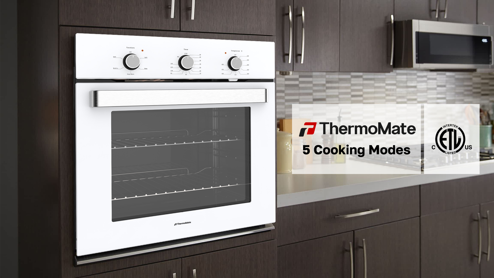 Image of 24 inch Single Wall Oven, ThermoMate 2.8 Cu.ft. Electric Wall Oven with 5 Cooking Functions, White Built-in Ovens with Mechanical Knobs Control, ETL Certified
