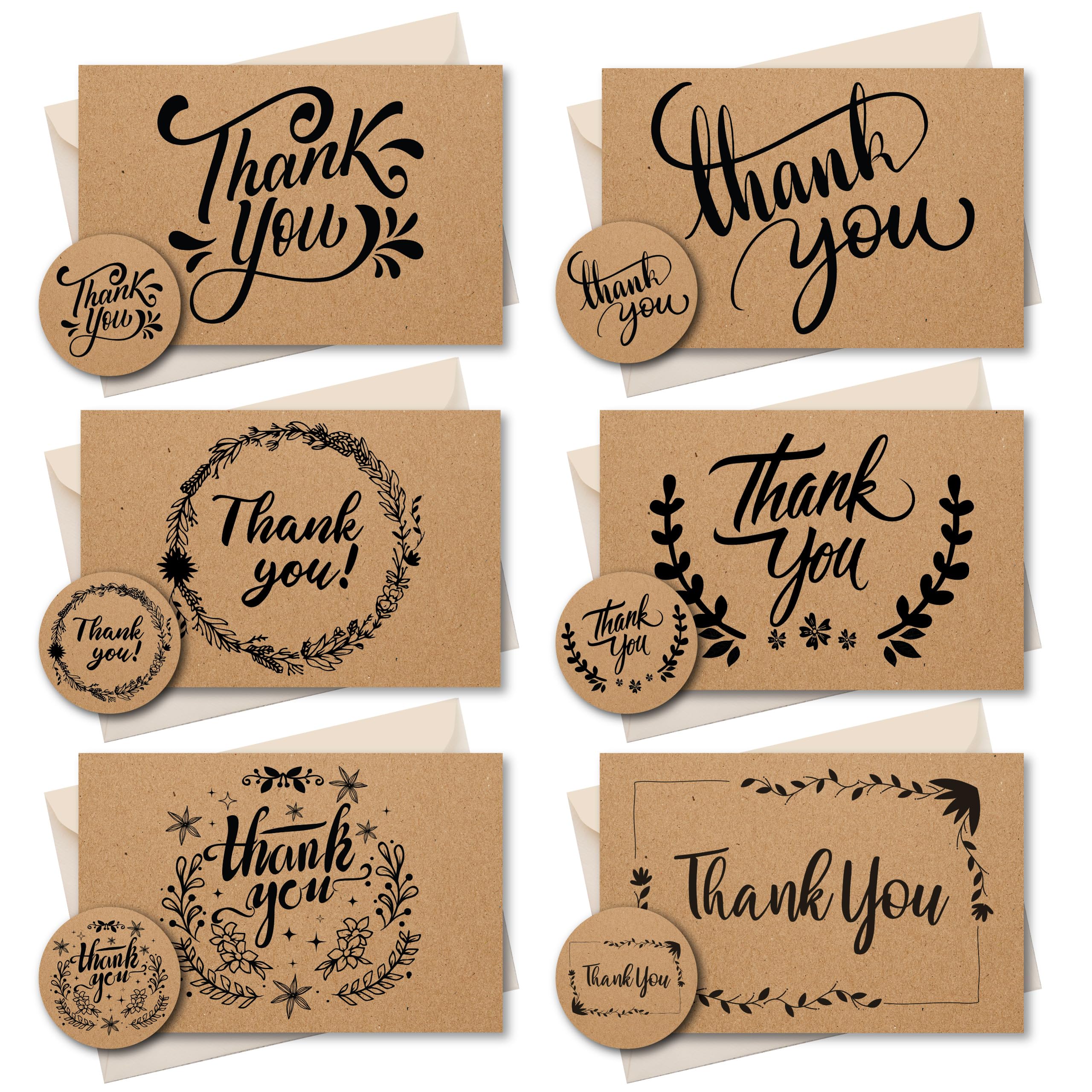 SIMPLY GIFTED Thank You Cards Multipack of 24 with Envelopes & Matching Thank You Stickers- 6 Different Design Blank Inside -10x15cm Brown Kraft Thankyou Cards for Teachers Weddings Kids - Made in UK